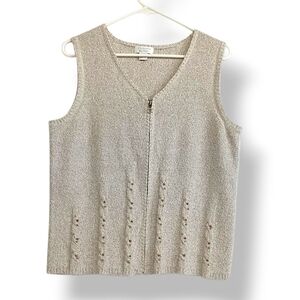 Christopher & Banks Cream Zip Up Knit Vest Wood Beaded Vintage Soft Stretch LG